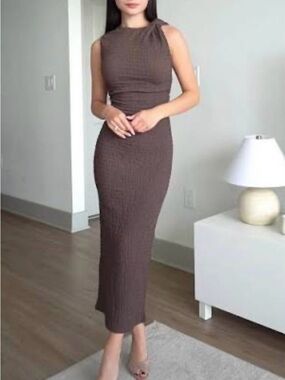 ZARA Brown Ribbed Sleeveless Midi Dress